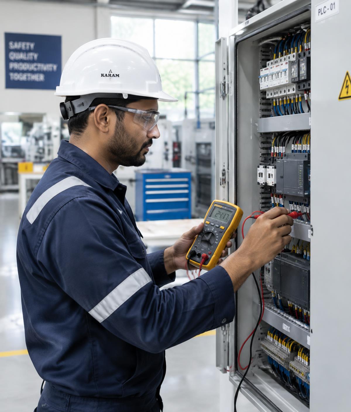 Electrical engineer testing an industrial PLC control panel with a multimeter